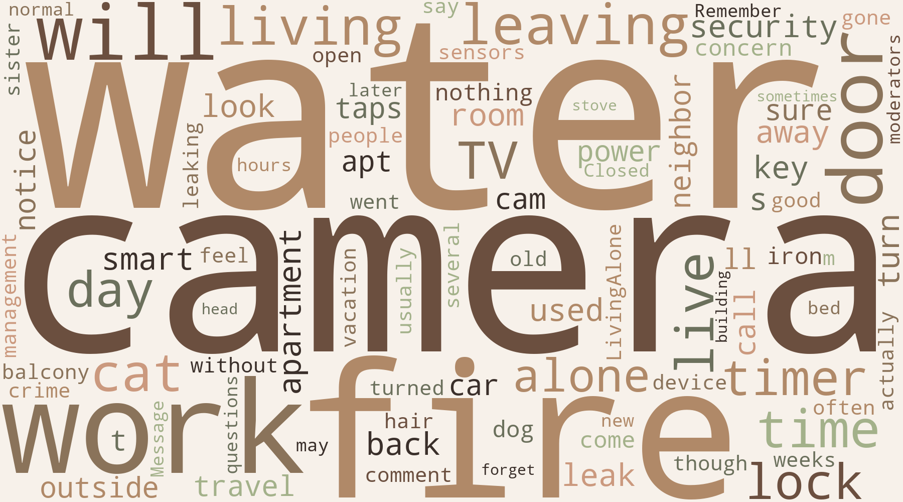Word cloud showing common worries people mentioned about living alone